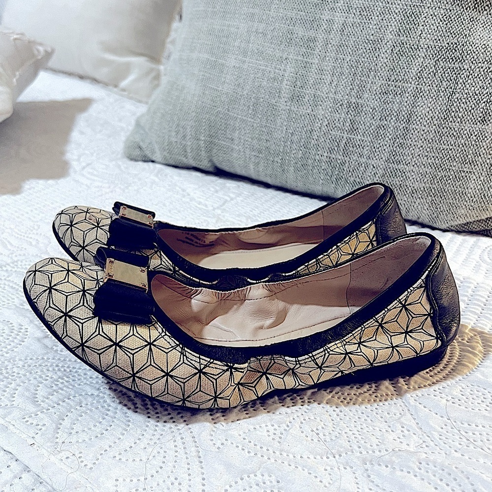 Cole Haan Black and Gold Patterned Ballet Flats with Bow Accent